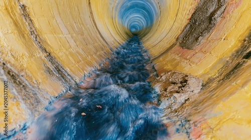 Circular underground sewer tunnel with flowing blue water and textured walls for infrastructure documentation, utility maintenance and industrial wastewater service