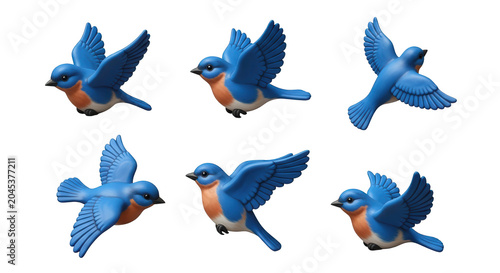 3d bluebird in various flying poses on white background educational materials or design elements