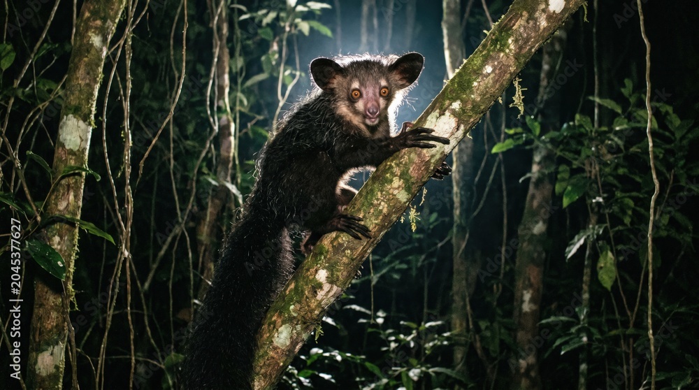 Fototapeta premium Aye Aye Primate in Madagascar Forest at Night