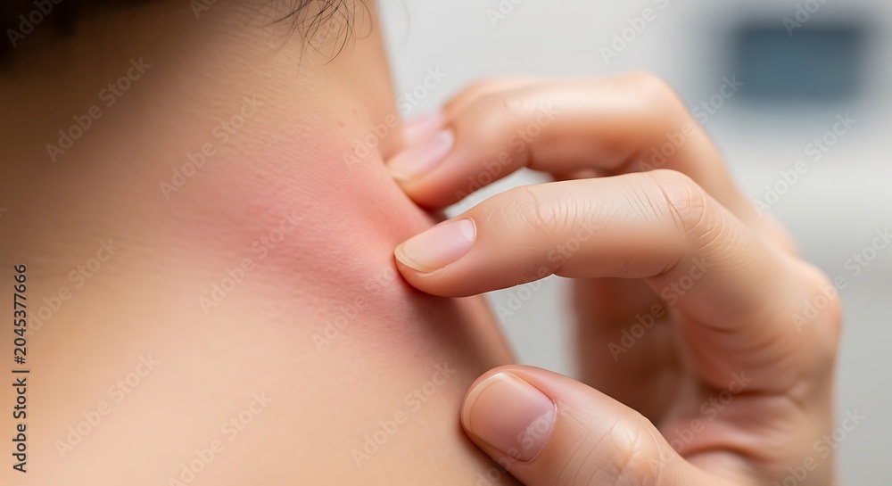 Fototapeta premium Close up of a person scratching an itchy red rash on their neck.