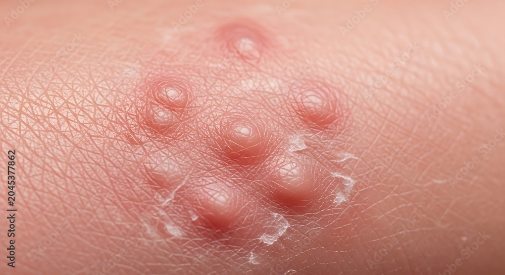 Fototapeta premium Close up of cluster of blisters on human skin showing inflammation and fluid filled vesicles.