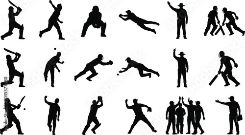 Obraz na płótnie Cricket Player and Umpire Silhouette Collection Featuring Batting Bowling Fieldi