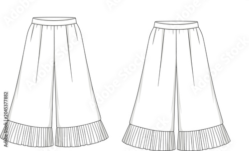 Foto Cad drawing flat vector illustration, wide leg pants front view, pleated hem det