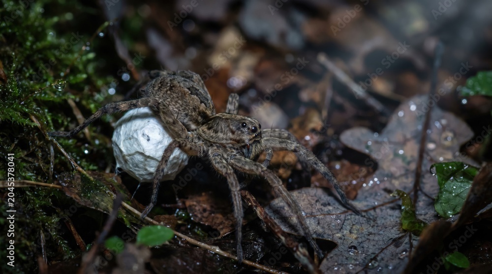 Obraz premium Wolf Spider Carrying Egg Sac in Forest Floor