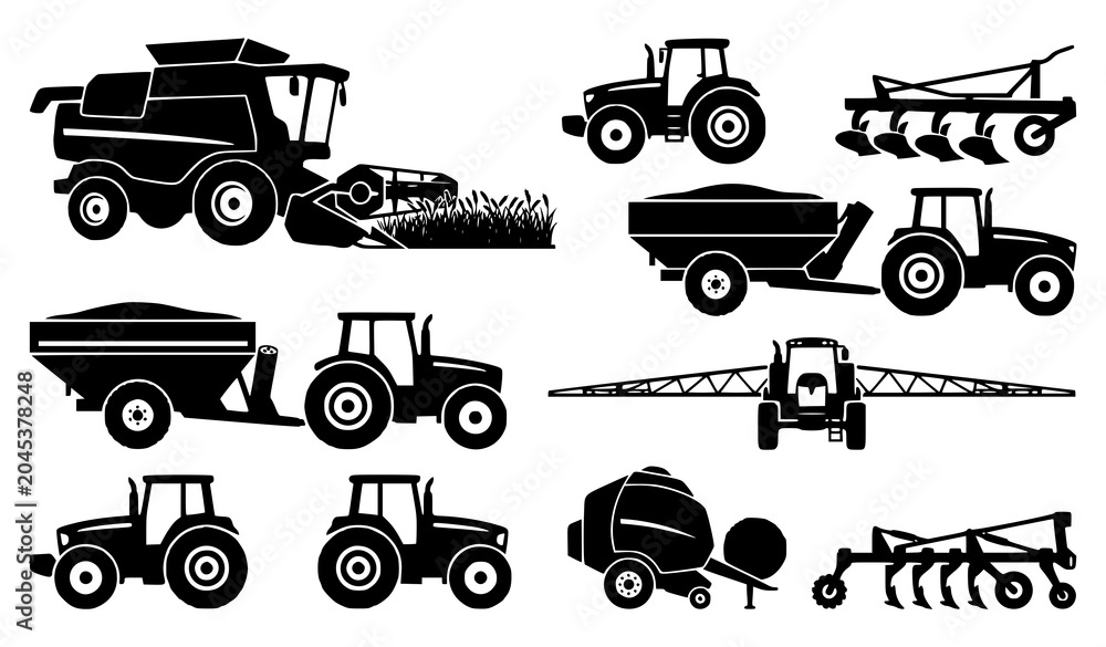 Fototapeta premium Agricultural machinery and grain harvest equipment silhouette vector bundle