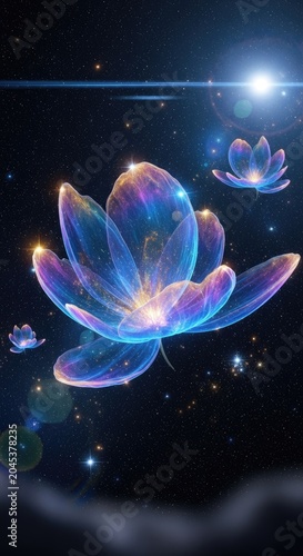 Mystical Glowing Lotus Flowers Floating in the Dark Universe with Sparkles.