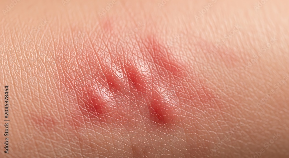 Fototapeta premium Close up of red inflamed skin with bumps, possibly an allergic reaction or insect bites.
