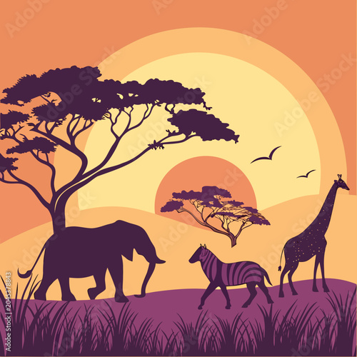 Photography Vivid african savanna sunset scene with diverse wild animals silhouetted against