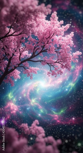 Stunning Cherry Blossom Tree Against a Vibrant Galaxy Background.