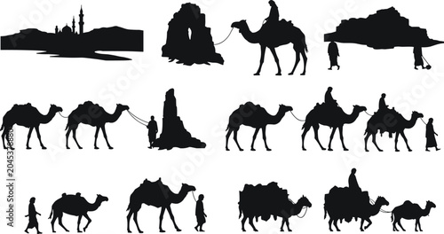 Photos Camel caravan silhouettes, desert journey, nomadic travel, rock formation, citys