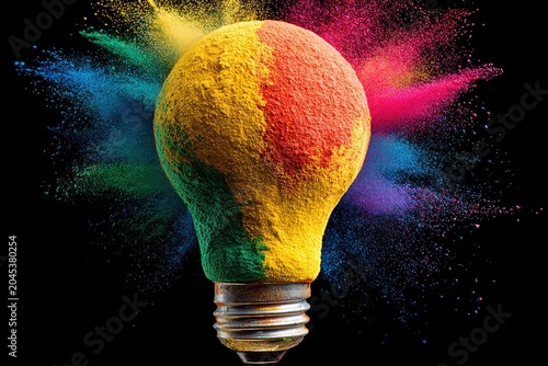 Vibrant lightbulb, coated in colorful powder, amidst a burst of color