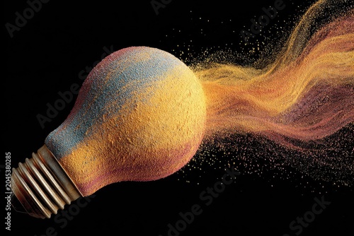 Colorful lightbulb with vibrant, swirling powder trails