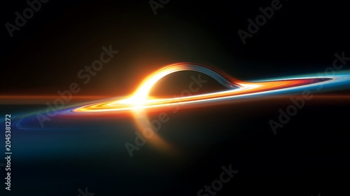 Sci-fi style black hole bending light, surreal gravitational lensing effect, neon colors, cinematic perspective
