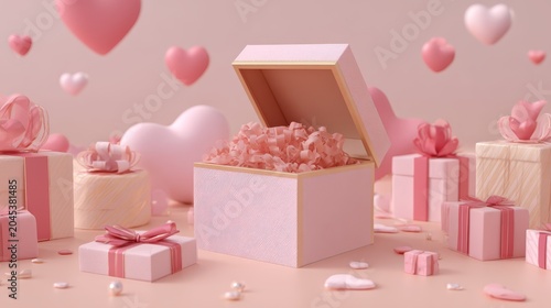 48.Luxury pink gift boxes in realistic 3d style, open present revealing festive romantic elements, soft shadows, modern Valentine holiday design background