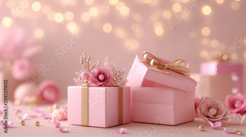 46.Realistic 3d render of pink gift boxes on a romantic background, one open box filled with festive decorative objects, soft lighting, elegant Valentineâ€™s Day banner design