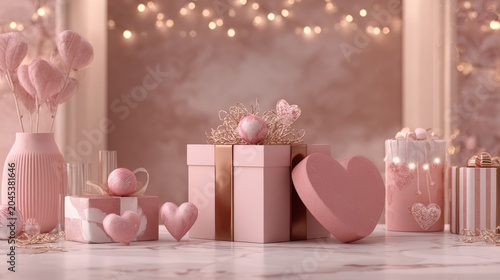 46.Realistic 3d render of pink gift boxes on a romantic background, one open box filled with festive decorative objects, soft lighting, elegant Valentineâ€™s Day banner design