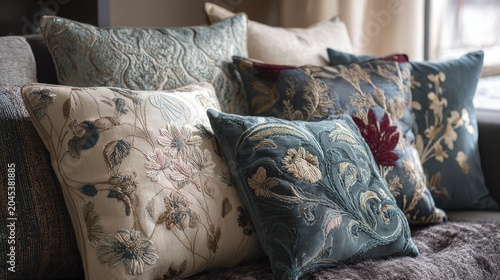26.Curated set of decorative pillows showcasing mixed prints, embroidery, and textures, balanced composition, cozy home atmosphere, elegant interior design stock image