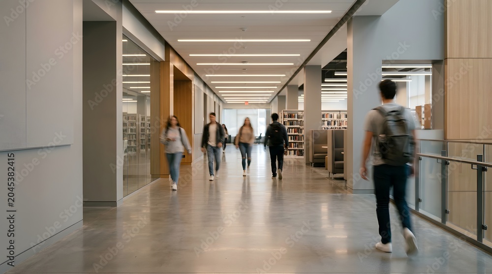 Fototapeta premium Students Walking in Modern University Library Hallway