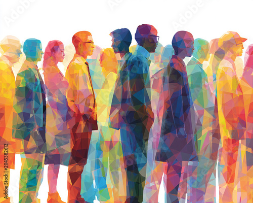 Silhouette crowd waiting together in multicolor geometry