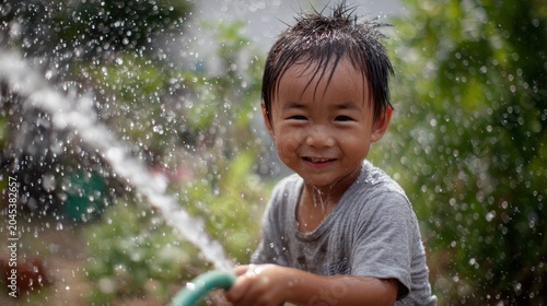 18.Smiling Asian child enjoying water play with a hose outside, fresh daylight, lively action, natural environment, carefree childhood moment