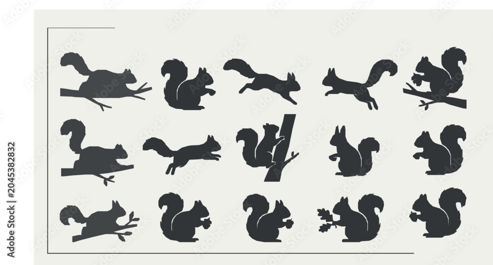 Fototapeta premium Squirrel Silhouette Bundle Vector Collection with Wildlife Poses and Bushy Tail Designs