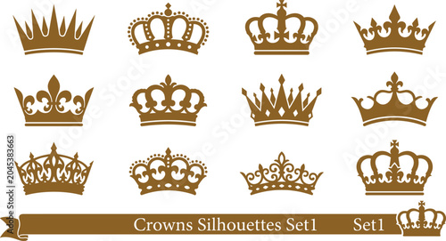 Gold Crown Silhouette Vector Icon Collection featuring Elegant Royal Tiaras and King Queen Diadems for Luxury Branding, Award Graphics, and Sovereign Emblem Designs