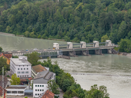 Aerial view of the Inn river hydroelectric weir and power plant at Wasserburg am Inn, Bavaria, Germany