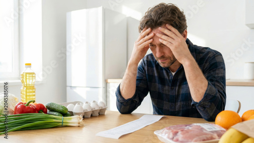 Grocery rising costs stressed man.Economy inflation crisis. food retail shopping, price increase expense, finance living budget spending