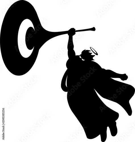 Quadro em tela Black solid silhouette vector illustration of a celestial angel holding and blowing the trumpet of judgment day, wild imagination fantasy art