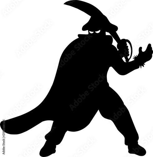 Konstfotografi Menacing pirate captain vector silhouette,fierce buccaneer figure wearing a long cloak and tricorn hat,while drawing his sharp saber sword with a dominant and aggressive gesture
