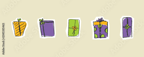 Birthday Gift Box Sketchy Doodle Vector Set Hand-Drawn Colorful Wrapped Present Illustration