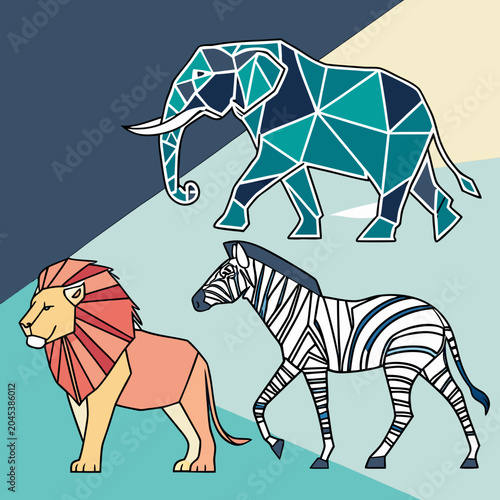 Photography Low poly safari animals set including elephant lion and zebra with geometric pat