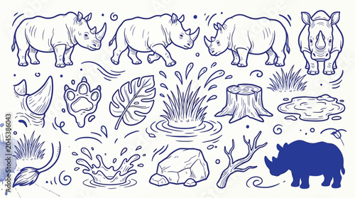 Foto Collection of Hand-Drawn Rhinoceros Illustrations and Natural Elements