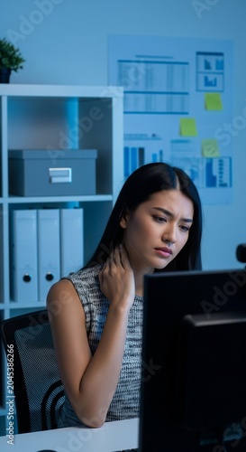 Woman with Neck Pain Working Late at Computer, Office Overtime Concept