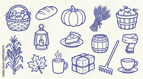 Schilderij op canvas Collection of Autumn Harvest and Thanksgiving Icons in a Simple Line Drawing Style