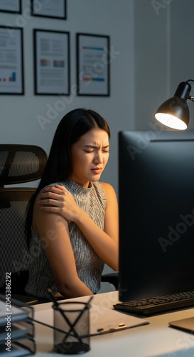 Woman with shoulder pain at desk at night, office worker with discomfort, business concept