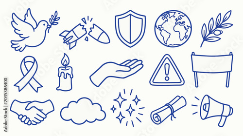 Bild auf Leinwand Collection of hand-drawn icons representing peace, conflict, and social issues