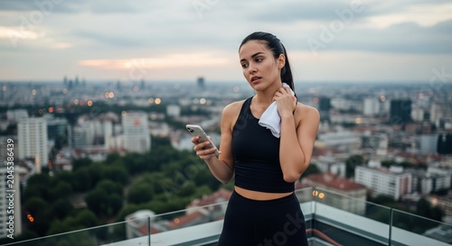 Woman with towel and phone on rooftop overlooking city at dusk