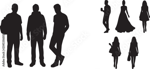 Bild auf Leinwand Collection of black silhouettes of casual men and elegant women standing walking