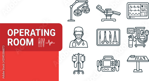 Operating Room Equipment Icons - Medical and Surgical Instruments, Patient Care Technology, and Healthcare Facility Components