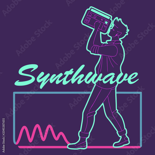 Принти на полотні Neon line drawing of man holding boombox on shoulder, with synthwave text and au