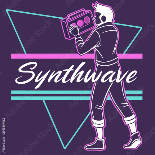 Принти на полотні Synthwave art with man holding boombox, 80s aesthetic, retro triangles and strip