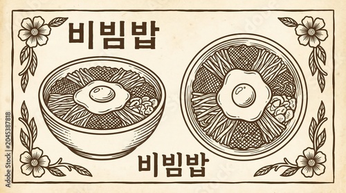 Vintage Line Art of Bibimbap Bowls with Floral Border