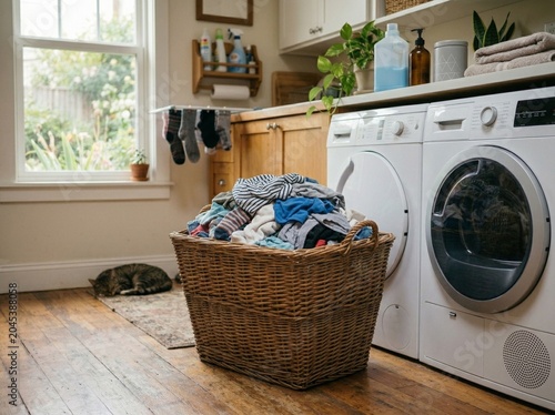 Rectangular laundry basket filled with clothes household organization concept