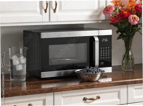 Microwave oven in clean modern kitchen environment