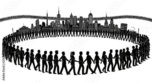 People walking in a circular formation.