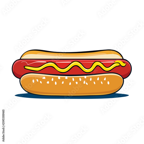 Illustration of a hot dog with mustard on a white background