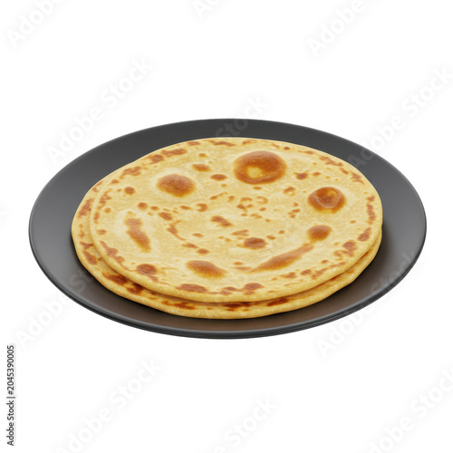 Two golden chapati on a dark plate close-up view isolated on white background