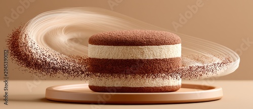 Elegant Tiramisu Cake with Cocoa Dusting in Motion Against Minimalist Backdrop