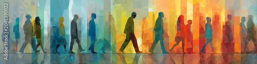 Silhouette office workers represented as colorful geometric forms